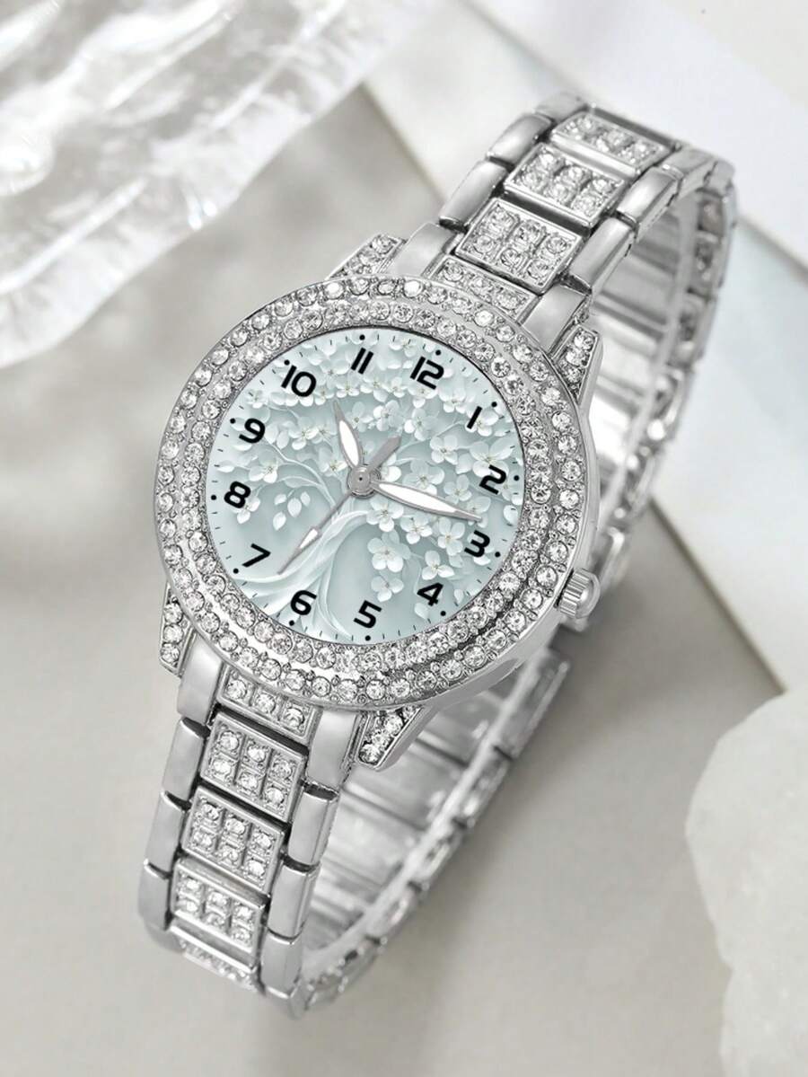 Women's Sparkling Rhinestone Watch, Silver Metal Chain Strap, Delicate Cherry Blossom Floral Dial Analog Wristwatch, Suitable For Daily, Party, Date - A - View 1