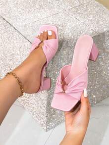Sandalias de tacón alto para mujer de ajuste ancho, elegantes, versátiles y a la moda, con punta cuadrada, tela rosa, hebilla de metal dorado, sin cordones - Rosa - Ver 5