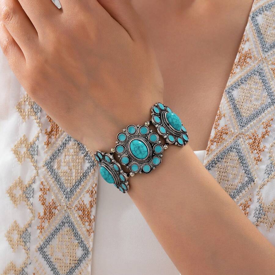 Bohemian Vintage Distressed Silver Turquoise Wide Bracelet, Multi-Layer Sunflower Inlaid Elastic Bangle - Turquoise - View 1