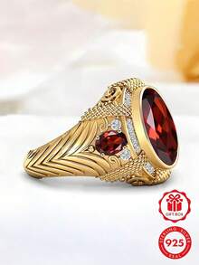 1pc 925 Sterling Silver Ring With Red Cubic Zirconia, Perfect For Daily Wear And Anniversary Gift, Comes With Gift Box. - Gold - View 6