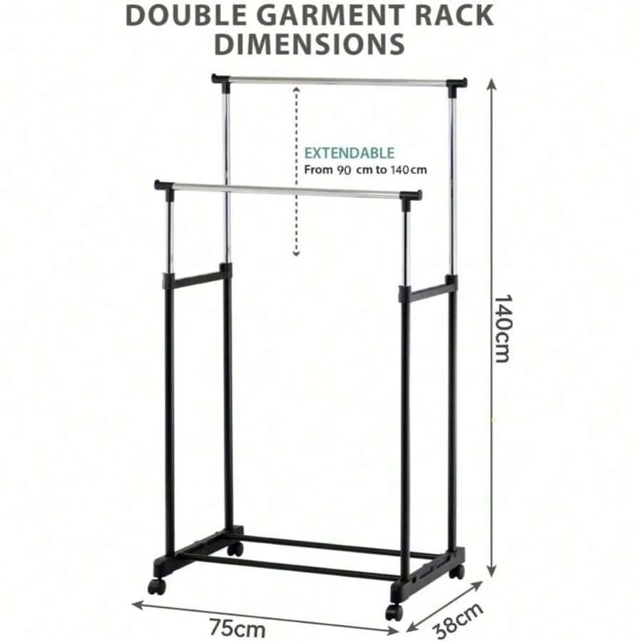 Heavy Duty Metal Dual Rail Clothes Garment Hanging Rack Shelf Display Stand UK - Black - View 1