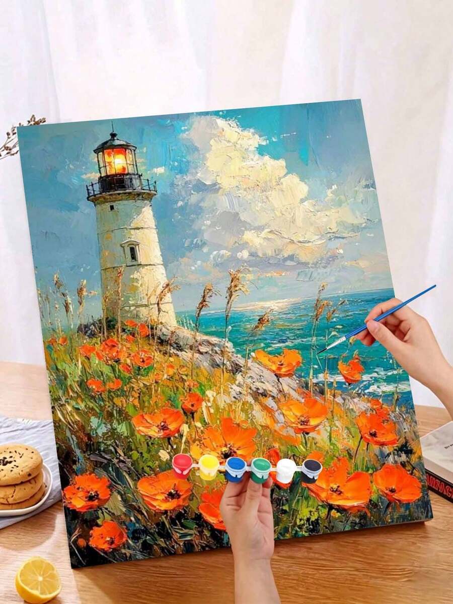 1 Set Seaside Scenery DIY Numbered Painting Kit, Oil Painting Set For Home Decor And Art Wall Decoration, Unframed Canvas Art, Holiday Gift.