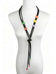 MARLIWOO 1pc Handmade Knotted Long Necklace, Fashion Bohemian Style Jewelry, Color Block Multicolor Beaded Tassel Y-Shaped Necklace - Colorful - View 2