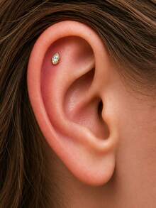 1pc S925 Sterling Silver CZ Zirconia Ear Cartilage Stud Earrings, Flat Back Screw Back, Marquise Pear Shape, Hypoallergenic, Suitable For Helix And Tragus, Daily And Party Wear - Gold - View 4
