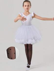1pc Cute Heart Print Sheer Mesh Ballet Tights For Kids, Daily Wear, Solid Black, Toddler Girls Dance Tights, Long Socks, Back To School - Multicolor - View 1