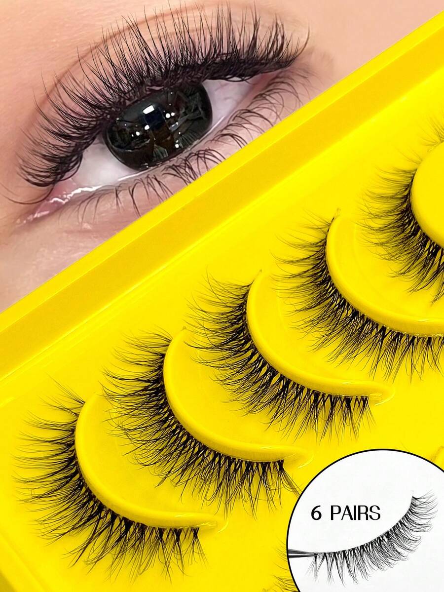Asiteo 6 Pairs Fluffy Thin False Eyelashes, Transparent Stem, Natural Style, Short Length, Suitable For Daily Or Commuter Makeup, Beginner Friendly - 黑色 - 查看 1