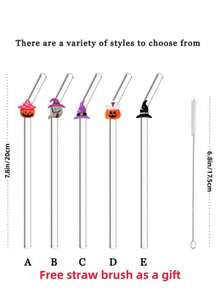 1-5PCS Reusable Clear Glass Straws With Halloween Witch Hat,Ghost&Pumpkin Accents,Cute Holiday Decor Drinking Straws For Kitchen Accessories,Water Cup,Boba Tea,Juice,Smoothies & Cold Drinks,Ideal For Beach Parties,Outdoor Picnics,Camping,Halloween Pa - View 7