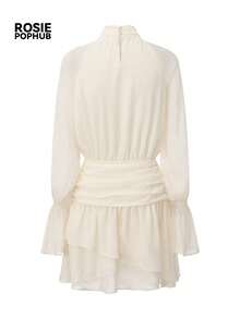 ROSIE POPHUB Women Cream Mock Neck Keyhole Flare Long Sleeve Ruched Waist Tiered Ruffle Mini Dress Elegant Party Daily Christmas Fall Winter - Beige - View 6