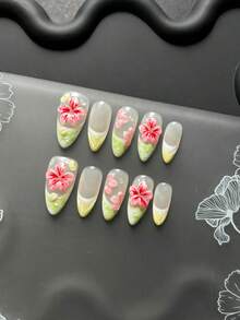 10-Piece Handmade Press-On Nail Art, Almond-Shaped Nails, Y2K Finish, 3D Pink Begonia Flower, Green Gradient V-Shaped French Manicure With Teardrop Design, Reusable. Suitable For Everyday Wear/Holiday Occasions. - Mint Green - View 8