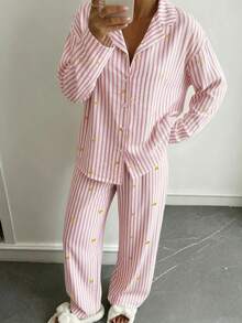 Nina Bonheur 2pcs Women Loose Comfortable Breathable Long Sleeve Top And Long Pants Pajama Set - Pink - View 2