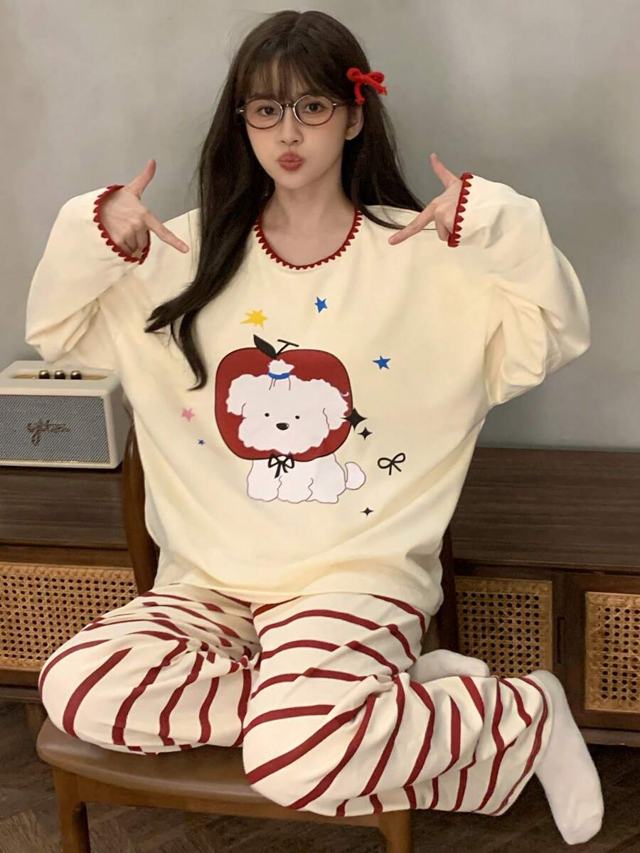 2pcs/Set Women's Pajamas Loungewear Set, Cute Animal Print Pullover Round Neck Simple Long Sleeve Pants, Comfortable For Home Wear - Champagne - View 1