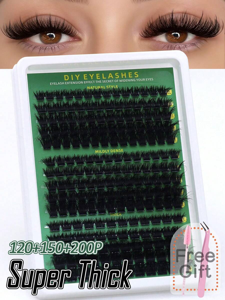 Tufos de Cílios Postiços Individuais Segmentados DIY de Volume Super Espesso com Densidades Mistas, 120+150+200P, Curvatura D, Efeito Fofo e Dramático, com Ferramentas de Cílios Grátis - D - Visão 1