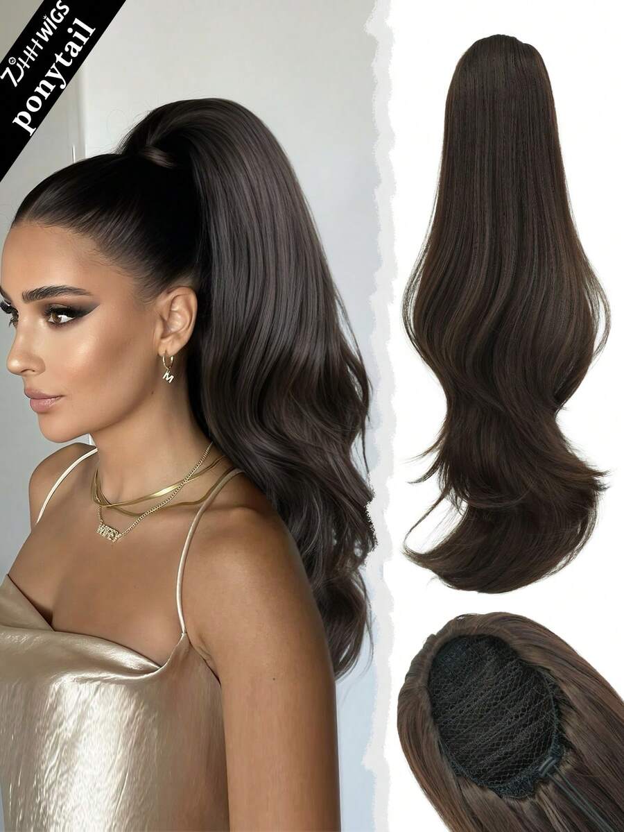 7JHH WIGS 28-Inch Long Mocha Brown Body Wave Ponytail Extension For Women Drawstring & Clip-In Secured, Synthetic Hairpiece Perfect For Everyday Styling Use, Halloween - Mocha Brown - View 1