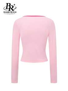 Camiseta Feminina Rosa de Manga Longa com Gola Redonda em Malha, Acabamento Contrastante, Comprimento Regular, Tecido com Elasticidade Média, Top Casual Estampado - Rosa chiclete - Visão 9