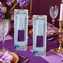 6 piezas de velas largas de cumpleaños con degradado de blanco a púrpura con purpurina, velas de decoración de pastel de lujo de doble color con base fija, elegantes adornos para postres, adecuadas para fiesta de cumpleaños, celebración de mujeres, banquete con tema púrpura, aniversario, decoración de mesa de postres de boda - Ver 3