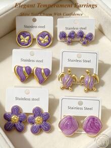 6/3 Pairs Summer Women's Gold Earrings, Fashionable Personalized Earrings. Purple Series, Including Bow, Flower, Turtle, Geometric Shapes. Stainless Steel Material, Low Hypoallergenic. Cute Accessories, Suitable For Women's Daily Wear. Suitable For Summer Travel And Vacation Wear, Best Gift For Family And Friends - Oil Dripping Kit - View 1