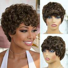 Short Curly Wave Human Hair Machine Made Glueless Wig Human Hair 6inch 180% Density Pixie Cut Wig For Women Short Curly Wave Highlight For Daily Use 4# Color For Party - S4 - View 3