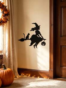 1 Peça Decoração de Parede de Ferro Bruxa Voadora, Bruxa Montada em Vassoura com Silhueta de Gato Preto e Abóbora, Decoração de Jardim, Adequado para Sala de Estar, Lareira, Varanda, Quintal, Jardim, Decoração de Festa de Halloween, Melhor Presente de Decoração para Casa para Amigos/Família - Gato Bruxo - Visão 12