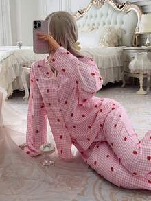 2-Piece Women's Loose, Comfortable, Breathable Long-Sleeved Shirt + Pants Cute Pajama Set - Hot Pink - View 1