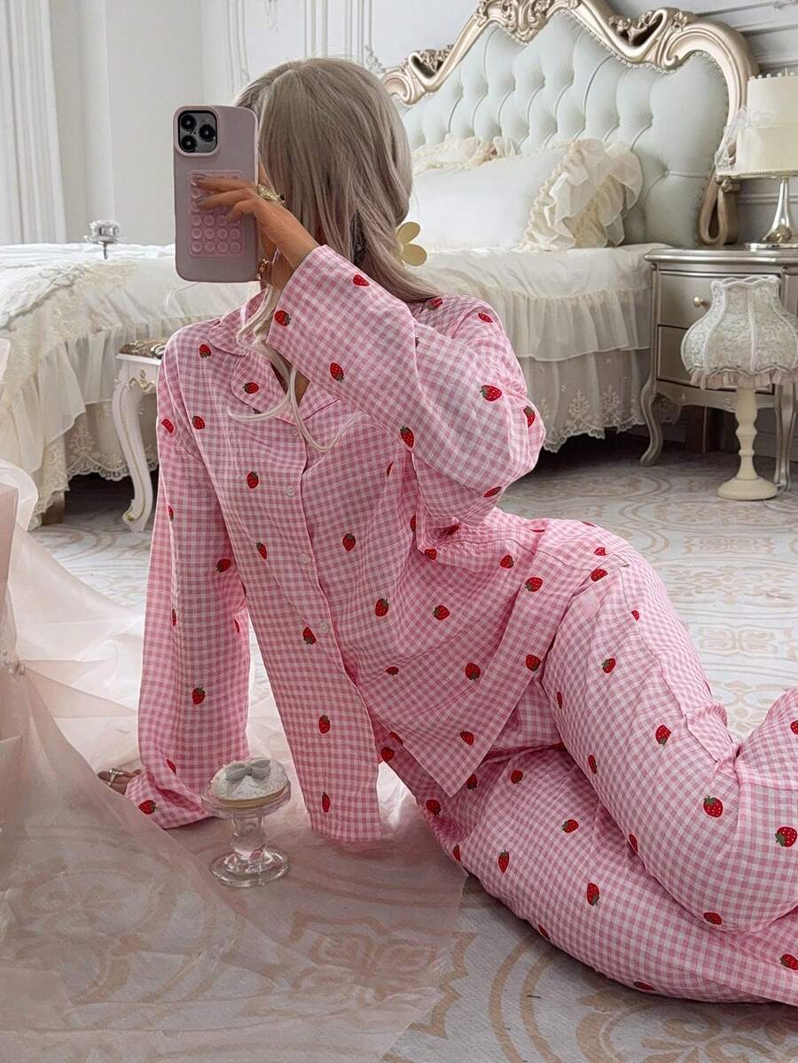 2-Piece Women's Loose, Comfortable, Breathable Long-Sleeved Shirt + Pants Cute Pajama Set - Hot Pink - View 1