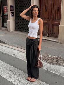 HoloChill bequeme Damen-Hose mit geradem Bein, gewebter Stoff mit modischem Gürtel, leicht elastisch, Sommer-Lässig 2026 neue Unterteile, Damen-Lässig-Outfits zum Ausgehen, Schulanfang, Homecoming, Herbst/Winter, französischer Stil - Schwarz - Übersicht 8