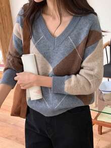 Women's V Neck Argyle Plaid Knit Sweater Color Block Long Sleeve Preppy Pullover Top - Grey - View 5