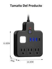 Cable de extensión corto con puertos USB, protector contra sobrecarga con múltiples enchufes, 3 tomas de corriente y 4 USB (1 USB C 5V/1A), estación de carga de pared plana con luz nocturna suave para el hogar, oficina o dormitorio - Tipo de Enchufe A USA (110-127V) - Ver 11