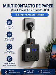 Cable de extensión corto con puertos USB, protector contra sobrecarga con múltiples enchufes, 3 tomas de corriente y 4 USB (1 USB C 5V/1A), estación de carga de pared plana con luz nocturna suave para el hogar, oficina o dormitorio - Tipo de Enchufe A USA (110-127V) - Ver 2