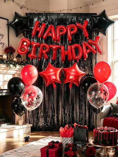 33件組紅黑主題生日氣球套組，包含Happy Birthday字母氣球與紅黑乳膠亮片氣球，適用生日派對、成人禮、萬聖節主題生日裝飾、拍照背景牆、週年紀念、迎新派對、驚悚主題生日派對裝飾