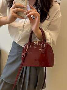 Fashionable Retro Solid Color Glossy Shell-Shaped Double Handle Dome Handbag, Minimalist Design, Zipper Shoulder Bag, Solid Color PU Leather Crossbody Bag, Portable Top Handle Handbag - Burgundy - View 4