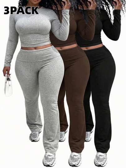 Plus Size 3-Pack Pants Sets Women's High Waist Elastic Waistband Flare Pants, Soft Casual Trousers Comfortable Lounge Wear For Daily Outfits, Yoga