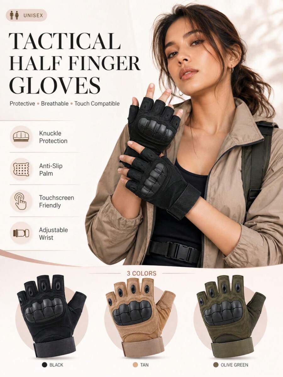 1 Pair Unisex Tactical Half-Finger Gloves, With Joint Protection Pads, Polyester Knit Fabric, Touchscreen Compatible, Non-Slip Palm, Suitable For Combat Training, Rock Climbing, Cycling - Washable, With Closure Design - Multicolor - View 1
