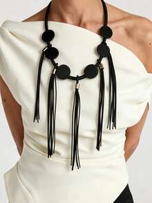 MARLIWOO 1pc Minimalist Long Draped Tassel Necklace, Unique Niche Versatile Accessory, Vintage Gothic Style - Black - View 7