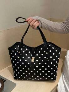 Simple Polka Dot Pattern Large Tote Handbag, Adjustable Metal Lock Shoulder Bag Lightweight Portable Purse For Daily Casual Occasions - Black - View 3