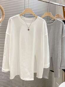 Women's White All-Match Round Neck Solid Color Loose Drop Shoulder Long Sleeve T-Shirt, Mid-Length Flattering Lazy Top, Minimalist Casual Versatile Split Hem Undershirt, Spring/Autumn - White - View 3