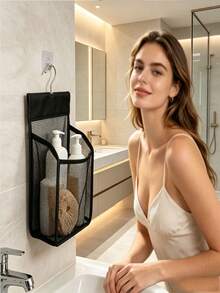 2pcs (1 Hanging Bag + 1 Transparent Hook) Lightweight Black Mesh Shower Storage Bag With Hook. Suitable For Bathroom, Gym, Dorm, Travel And Other Storage Solutions. Can Be Used As Shower Caddy, Wall-Mounted Storage, Hair Storage, Temporary Office Supplies Storage, Organizer Rack, Bedroom Storage, Bathroom Storage Rack, Key Storage Wall, Christmas, Storage, Packaging Bag, Bedroom Furniture And Women's Room Decor - Multicolor - View 6