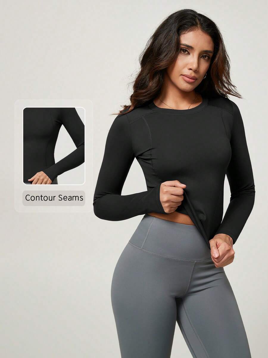 NcmRyu Women's One PC Solid Color Crew Neck Fitted Sports Long Sleeve - Black - View 1