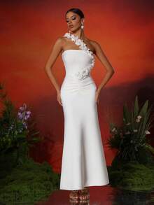 Love Aing Women's Elegant Romantic Pure White 3D Floral One-Shoulder Sleeveless Ruched A-Line Wedding Birthday Party Evening Mermaid Dress - White - View 3