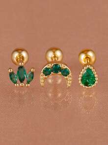 3PCS Women's Fashion Stainless Steel Green Waterdrop Moon Shaped Zirconia Small Stud Earrings Set Outdoor Travel Carnival Party Dressing Gifts - 2-gold-3PCS - View 1