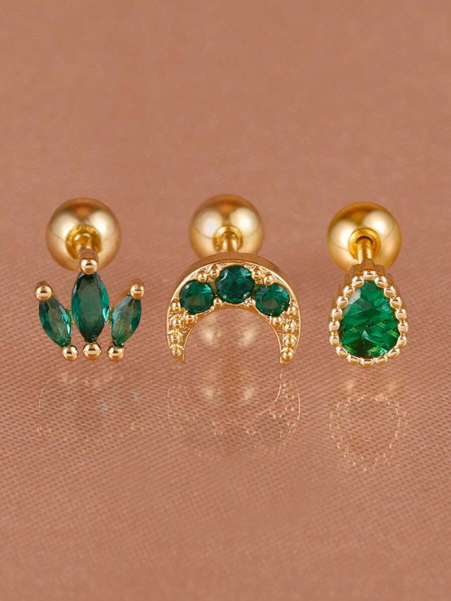 3PCS Women's Fashion Stainless Steel Green Waterdrop Moon Shaped Zirconia Small Stud Earrings Set Outdoor Travel Carnival Party Dressing Gifts - 2-gold-3PCS - View 1