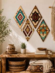 4pcs/Set Bohemian Style Wooden Wall Hanging Decor, Rhombus Geometric Pattern, Suitable For Living Room, Bedroom And Hallway, Rustic Farmhouse Home Decoration - Multicolor - View 5