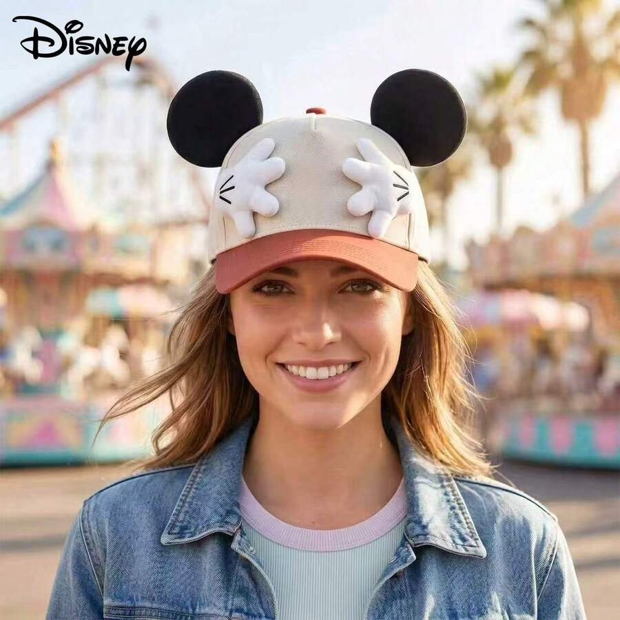 1pc Disney Beige & Brown Colorblock Baseball Cap, 3D Ears, Hand, Cotton Canvas, Adjustable Sun Protection Duck Bill Hat, Suitable For Theme Park Daily Wear, Women's Gift - Multicolor - View 1