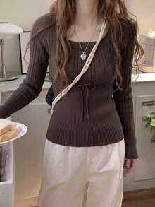 Autumn/Winter New Vintage Square Neck Tie-Front Slim Fit Knitted Top, Flattering Versatile Base Layer - Brown - View 5