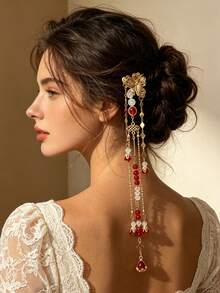 1pc Gold Butterfly Red Bead Tassel Hair Stick, Bridal Bun Hair Accessory For Wedding, Banquet, Party - Multicolor - View 2