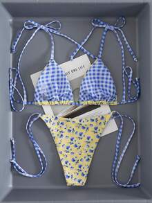 Women's Ditsy FloralPrint Triangle Neck Bikini 2 Pieces Set, Suitable For Island Vacation And Swimming - Multicolor - View 6