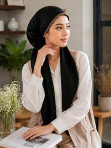 1PC Women's Convenient Headscarf Hat, Solid Color Rhinestone Satin Elastic Headscarf, Easy To Wear - Black - View 1
