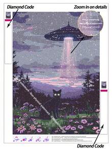 |5D DIY Diamond Painting|Black Cat And UFO In Purple Wildflower Forest Night Scene Diamond Art Set,Mysterious Alien Fantasy Nature Wall Decor.Relaxing Diamond Painting,Diamond Painting For Adults,Make Your Own Wall Art DIY,Enjoy The Fun Of Hands-On - No Frame - View 8