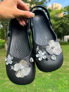 8pcs Pearl Flower Shoe Charms DIY Detachable Shoe Decorations ABS Rhinestone Shoe Accessories Suitable For Wooden Clogs Women Sandals Slippers Beach Shoes, Holiday Gift - Silver - View 4