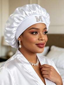 1pc Pearl Letter Print Satin Sleep Cap, Elastic Wide Band, Silky Hair Protection Cap, Suitable For Women's Night Sleep, Travel And Daily Hair Care - Multicolor - View 6