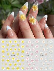 3PCS Elegant Tropical Frangipani Flower Nail Stickers 3D Kawaii Embossed Floral Nail Art Decals For Summer Holiday/Wedding Party DIY Nail Charms Decorations - Multicolor - View 8